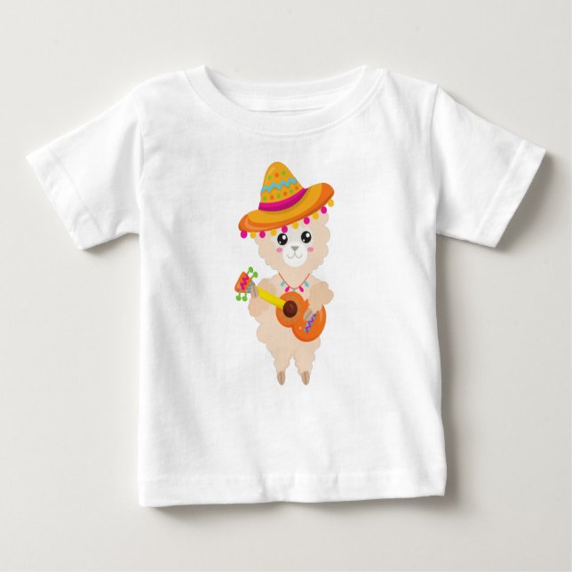 Mexican Llama, Cute Llama, Sombrero, Guitar Baby T-Shirt (Front)