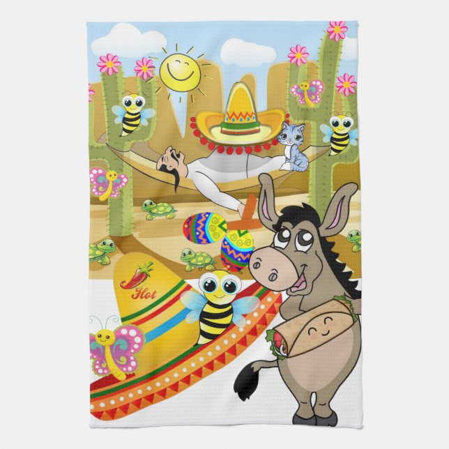 Mexican Man Donkey Butterfly Kitchen Hand Towel (Vertical)