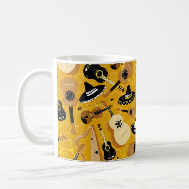 Mexican Mariachi Music Cartoon Pattern Yellow Coffee Mug (Left)