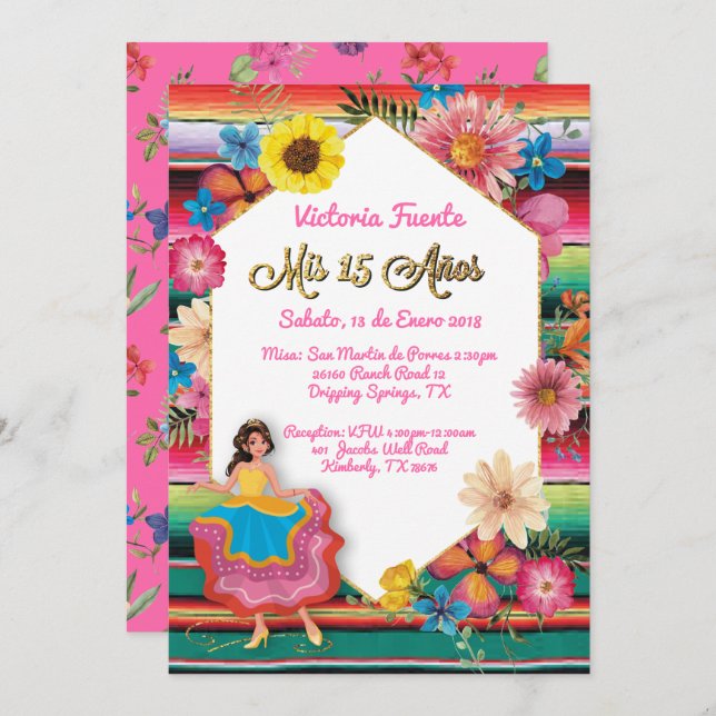Mexican Mis 15 Anos Party Gold Glitter Invitation (Front/Back)