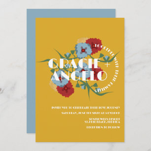 Mexican Mustard Blue Florals Wedding  Invitation