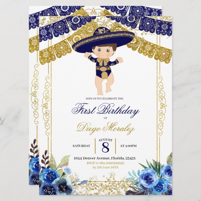 Mexican Navy Blue and Gold Charro First Birthday Invitation (Front/Back)