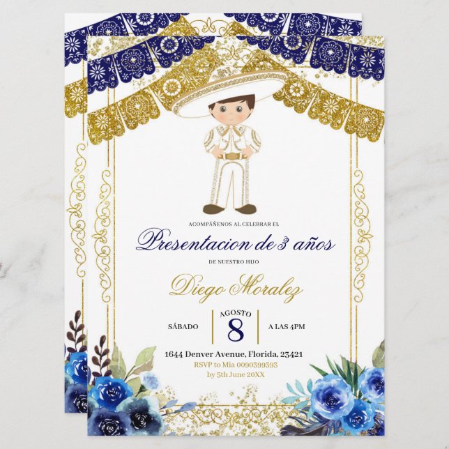 Mexican Navy Blue and Gold Charro Los 3 años Invitation (Front/Back)