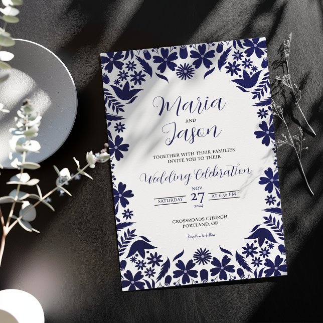 Mexican Navy Blue Floral Classic Aesthetic Wedding Invitation (Mexican Navy Blue Floral Classic Aesthetic Wedding Invitation)