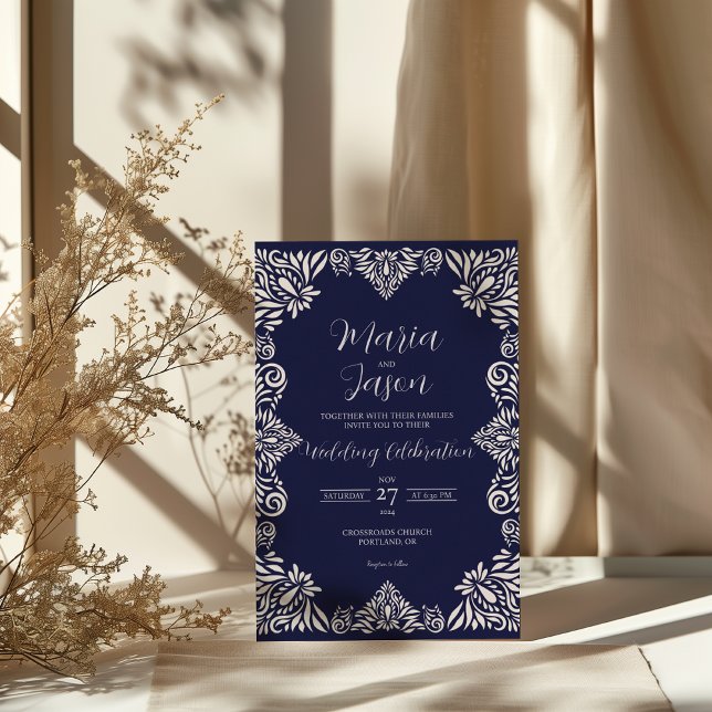 Mexican Navy Blue Floral Classic Elegant Wedding Invitation (Mexican Navy Blue Floral Classic Elegant Wedding Invitation)