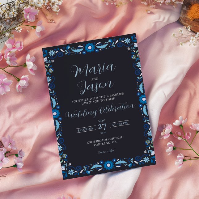 Mexican Navy Blue Floral Elegant Classic Wedding Invitation (Mexican Navy Blue Floral Elegant Classic Wedding Invitation)