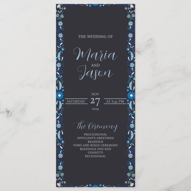 Mexican Navy Blue Floral Elegant Classic Wedding Program (Front)