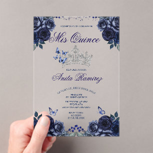 Mexican Navy Blue Floral Silver Crown Mis Quince Acrylic Invitations