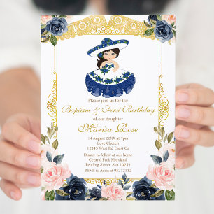Mexican Navy Blue Girl Baptism Christening  Invitation
