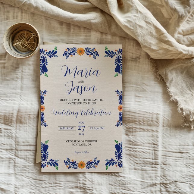 Mexican Navy Blue Minimalist Floral Classy Wedding Invitation (Mexican Navy Blue Minimalist Floral Classy Wedding Invitation)