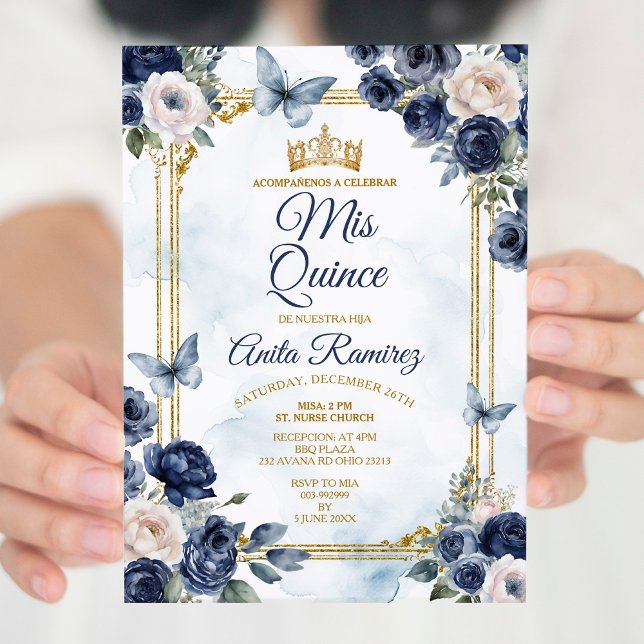 Mexican Navy Blue Roses Sweet 16th Girl Mis Quince Invitation (Creator Uploaded)