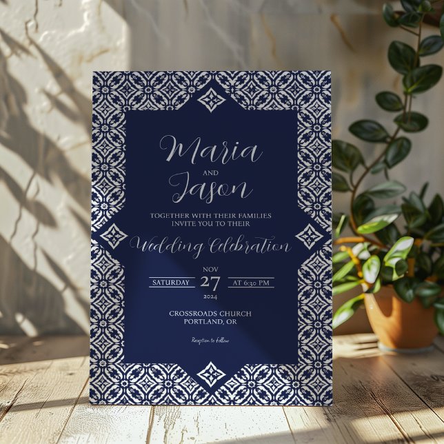 Mexican Navy Blue Talavera Formal Elegant Wedding Invitation (Mexican Navy Blue Talavera Formal Elegant Wedding Invitation)