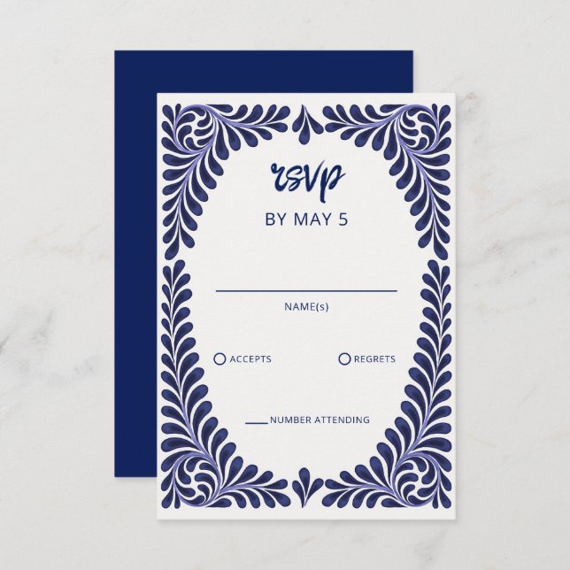 Mexican Navy Blue Talavera Wedding RSVP Card (Front/Back)