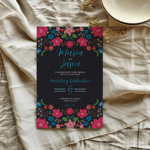 Mexican Navy Floral Colorful Elegant Boda Wedding Invitation