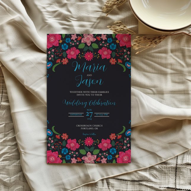 Mexican Navy Floral Colourful Elegant Boda Wedding Invitation (Mexican Navy Floral Colorful Elegant Boda Wedding Invitation)
