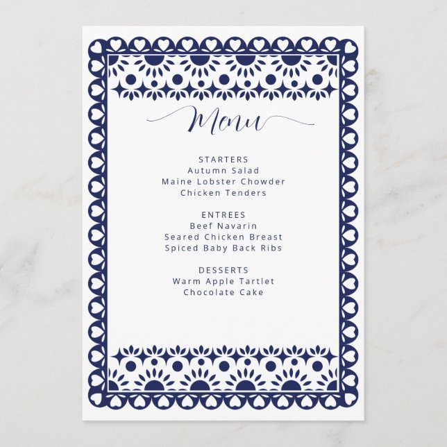Mexican Navy Papel Picado Boho Bridal Shower Menu (Front)