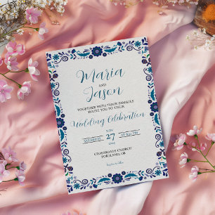 Mexican Navy White Floral Elegant Classic Wedding Invitation