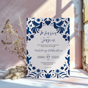 Mexican Otomi Blue Floral Elegant Fiesta Wedding Invitation