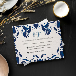 Mexican Otomi Blue Floral Elegant Fiesta Wedding RSVP Card