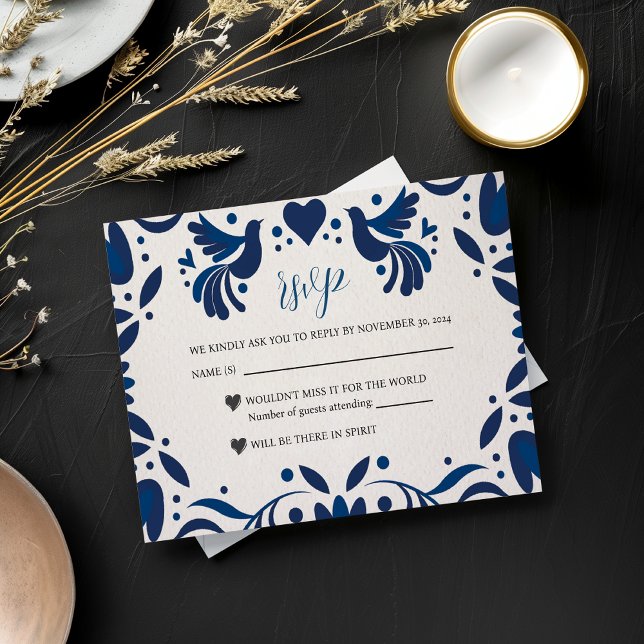 Mexican Otomi Blue Floral Elegant Fiesta Wedding RSVP Card (Mexican Otomi Blue Floral Elegant Fiesta Wedding RSVP Card)