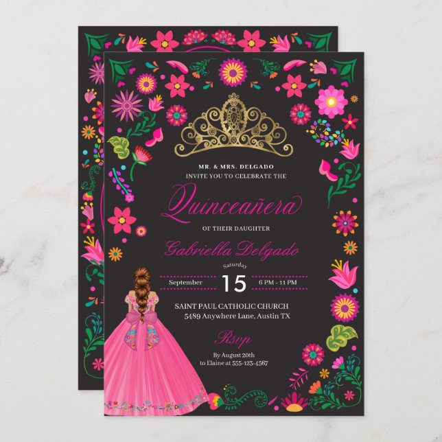 Mexican Otomi Embroidery Quinceañera Invitation (Front/Back)