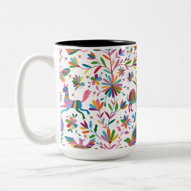 Mexican Otomi Style Bright Pattern Two-Tone Coffee Mug (Left)