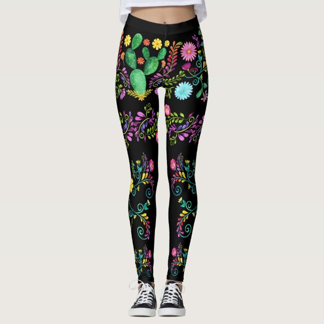 Mexican Painted Watercolor Flowers Pop Leggings (Front)