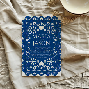 Mexican Papel Picado Blue White Folk Art Wedding Invitation