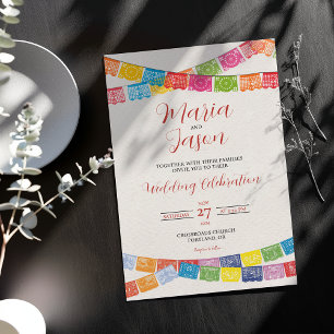 Mexican Papel Picado Elegant Colourful Boda Weddin Invitation