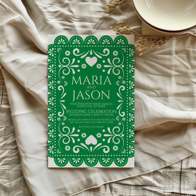 Mexican Papel Picado Green White Folk Art Wedding Invitation (Mexican Papel Picado Green White Folk Art Wedding Invitation)