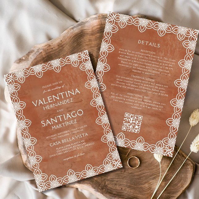 Mexican Papel Picado Terracotta White Boho Wedding Invitation (Creator Uploaded)