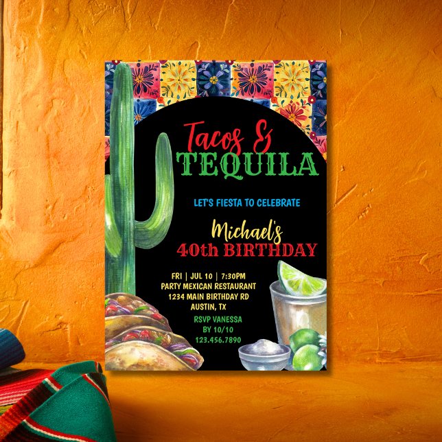 Mexican Party Fiesta Tacos & Tequila 40th Birthday Invitation (Creator Uploaded)
