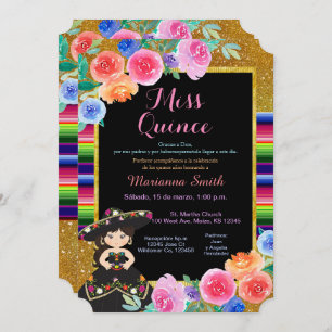 Mexican Party Gold Black Dress Quinceañera  Invitation