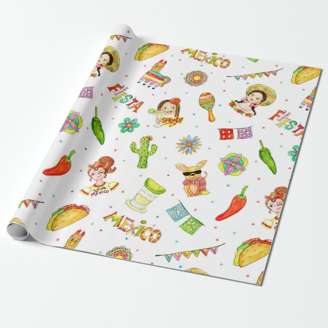 Mexican Party Wrapping Paper roll (Unrolled)