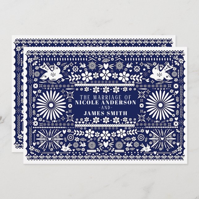 Mexican Picado Blue White Paper Wedding Marriage Invitation (Front/Back)