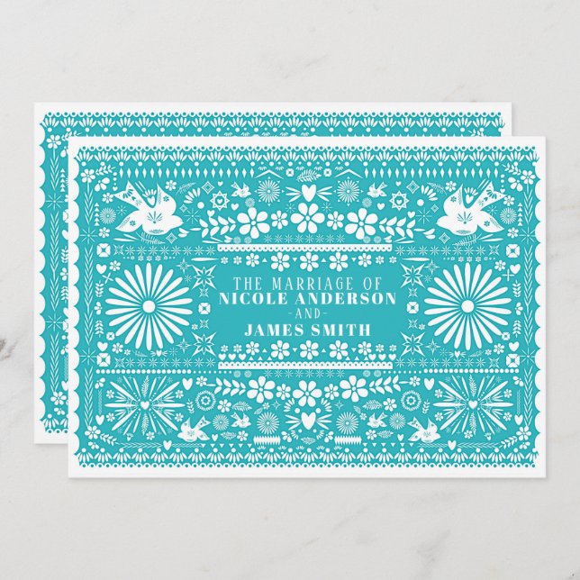 Mexican Picado Cut Turquoise Teal Wedding Marriage Invitation (Front/Back)