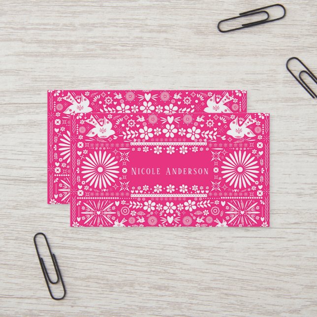 Mexican Picado Hot Pink Cut Paper Papel Business Card (Front/Back In Situ)