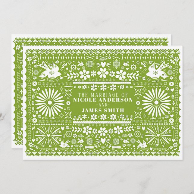 Mexican Picado Lime Avocado Green Wedding Marriage Invitation (Front/Back)