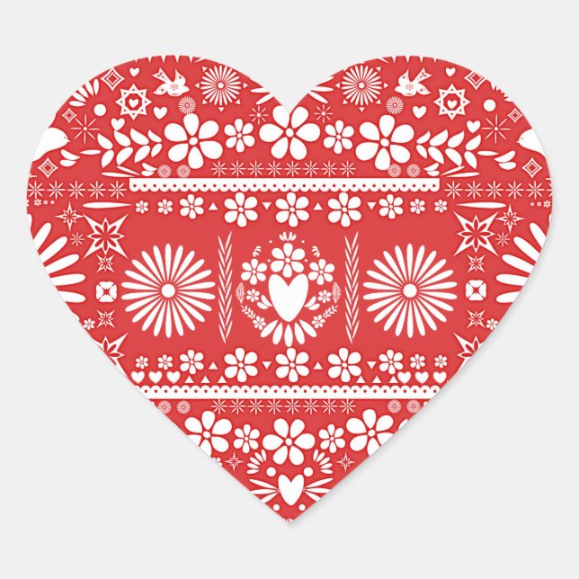 Mexican Picado Red & White Paper Wedding Marriage Heart Sticker (Front)