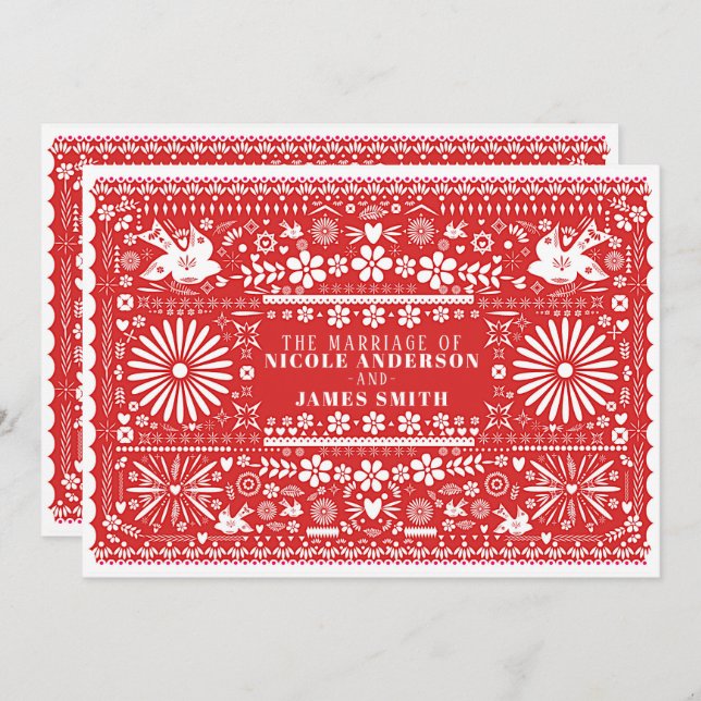 Mexican Picado Red & White Paper Wedding Marriage Invitation (Front/Back)
