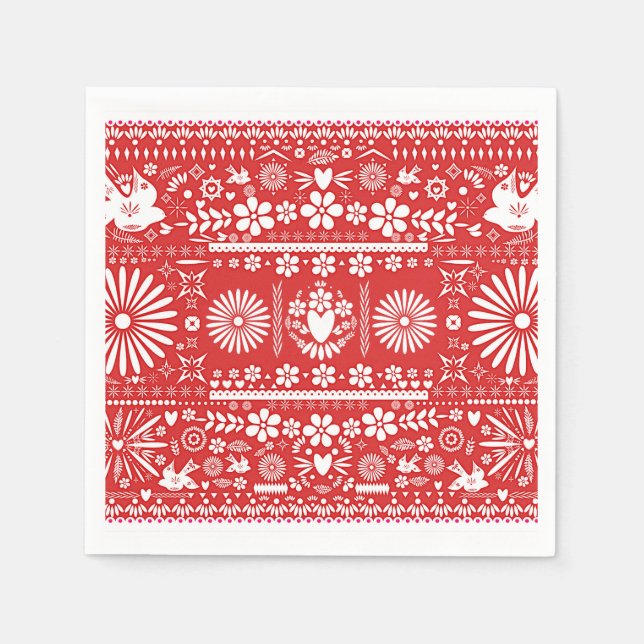 Mexican Picado Red & White Paper Wedding Marriage Napkin (Front)