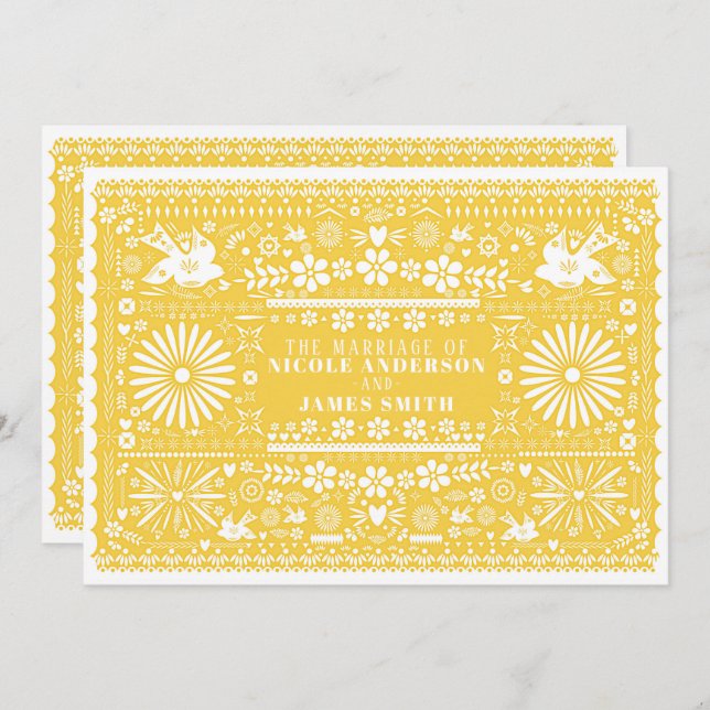 Mexican Picado Yellow White Paper Wedding Marriage Invitation (Front/Back)