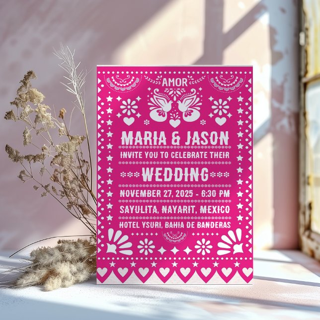 Mexican Pink Papel Picado Fiesta Folk Art Wedding Invitation (Mexican Pink Papel Picado Fiesta Folk Art Wedding Invitation)