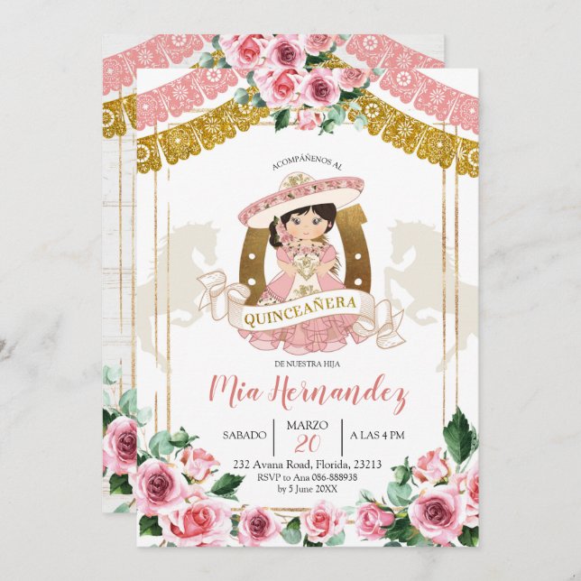 Mexican Pink Rose Charra 15th Birthday Invitation (Front/Back)
