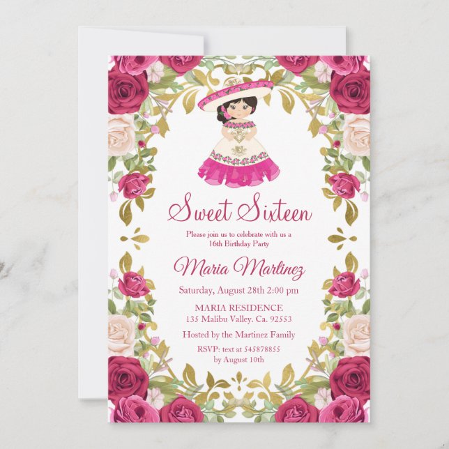 Mexican Pink Roses Flowers Sweet 16 Birthday   Invitation (Front)