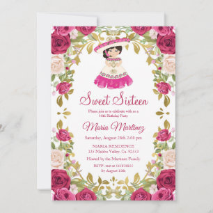 Mexican Pink Roses Flowers Sweet 16 Birthday   Invitation