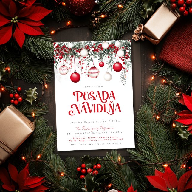 Mexican Posada Navideña Festive Red Ornaments Invitation (Creator Uploaded)
