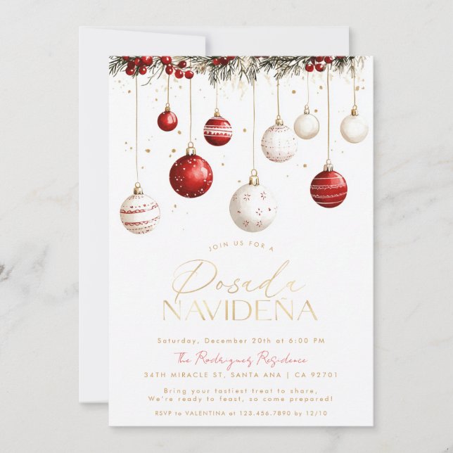Mexican Posada Navideña Red White Ornaments Invitation (Front)