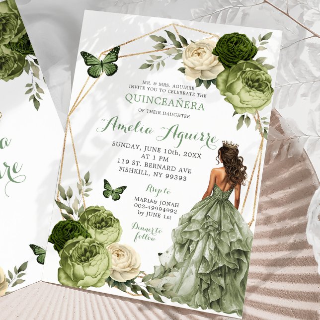 Mexican Princess Butterfly sage green Quinceañera Invitation (Creator Uploaded)