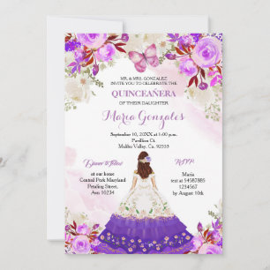 Mexican Princess Purple Quinceanera Butterfly  Invitation